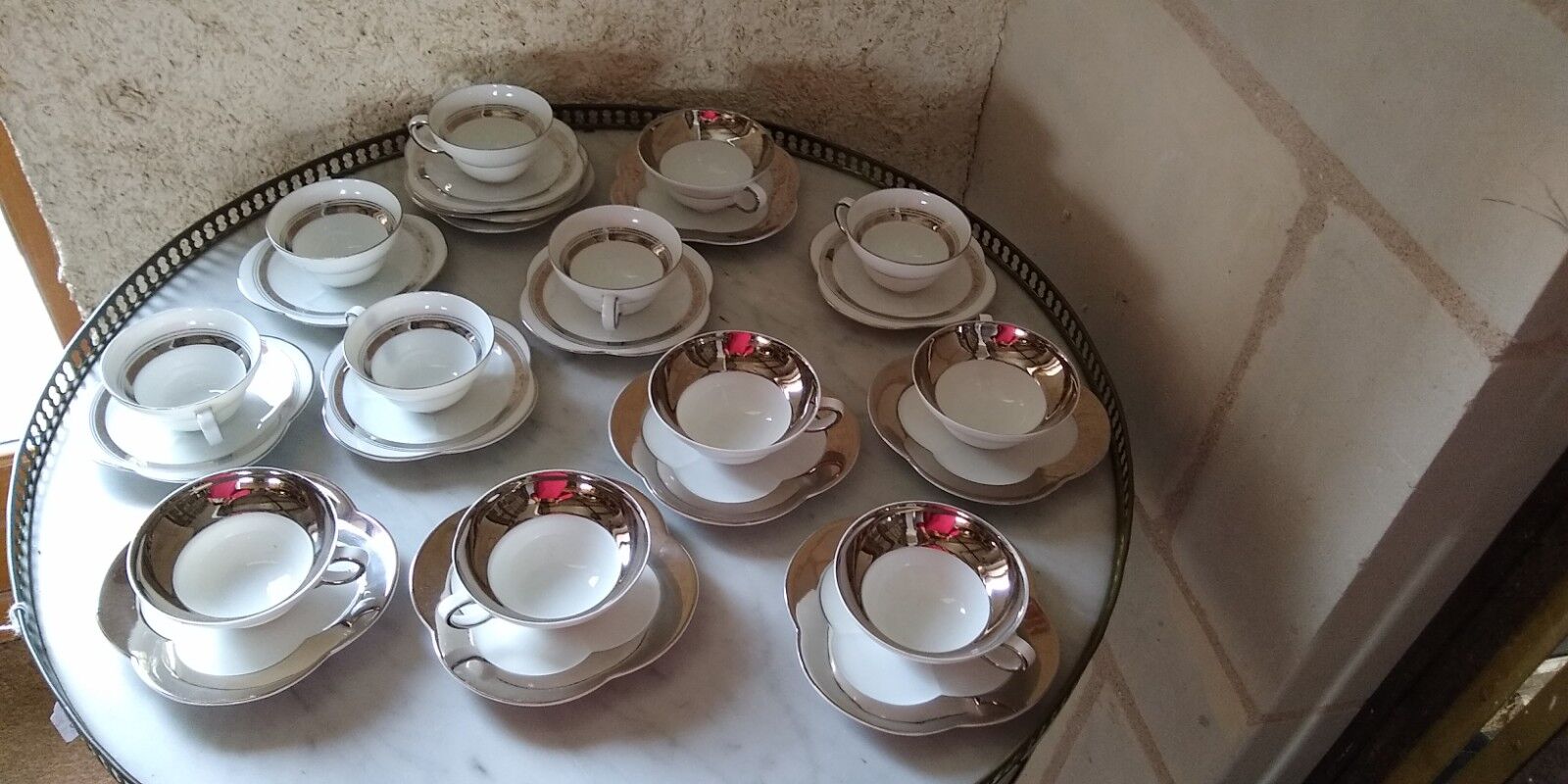 6 coffee cups in fine epiag white and steel gray moiré porcelain