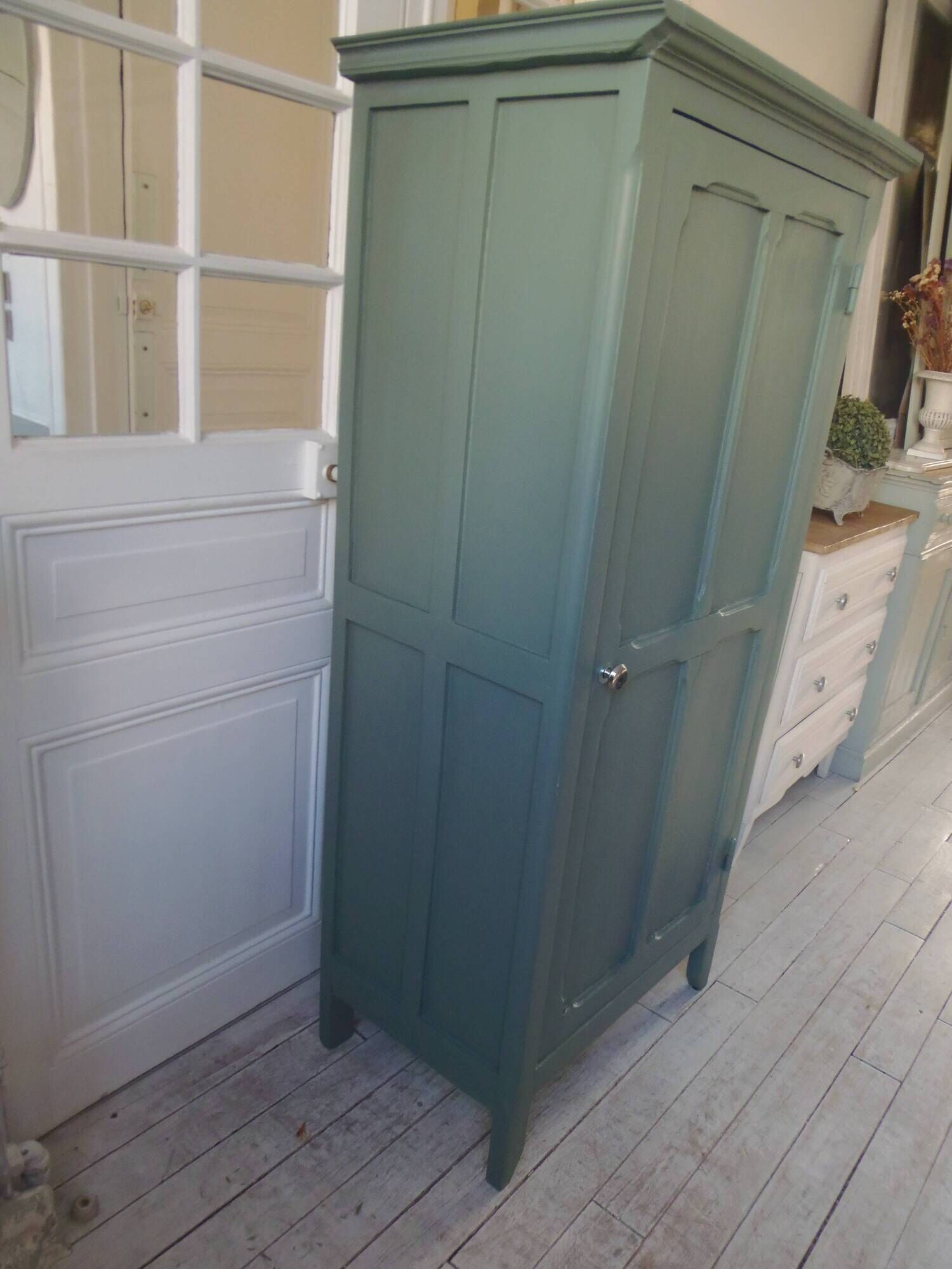 Vintage 1-door Parisian wardrobe re-enchanted in smoky green.