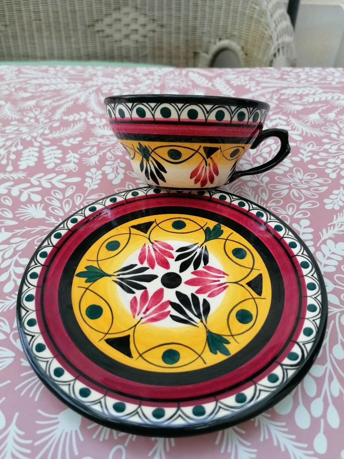 Hand-painted Breton earthenware cup and saucer from St Jean de Bretagne