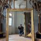 Restoration period mirror in gilded wood from the Napoleonic III era, 165 cm x 130 cm.