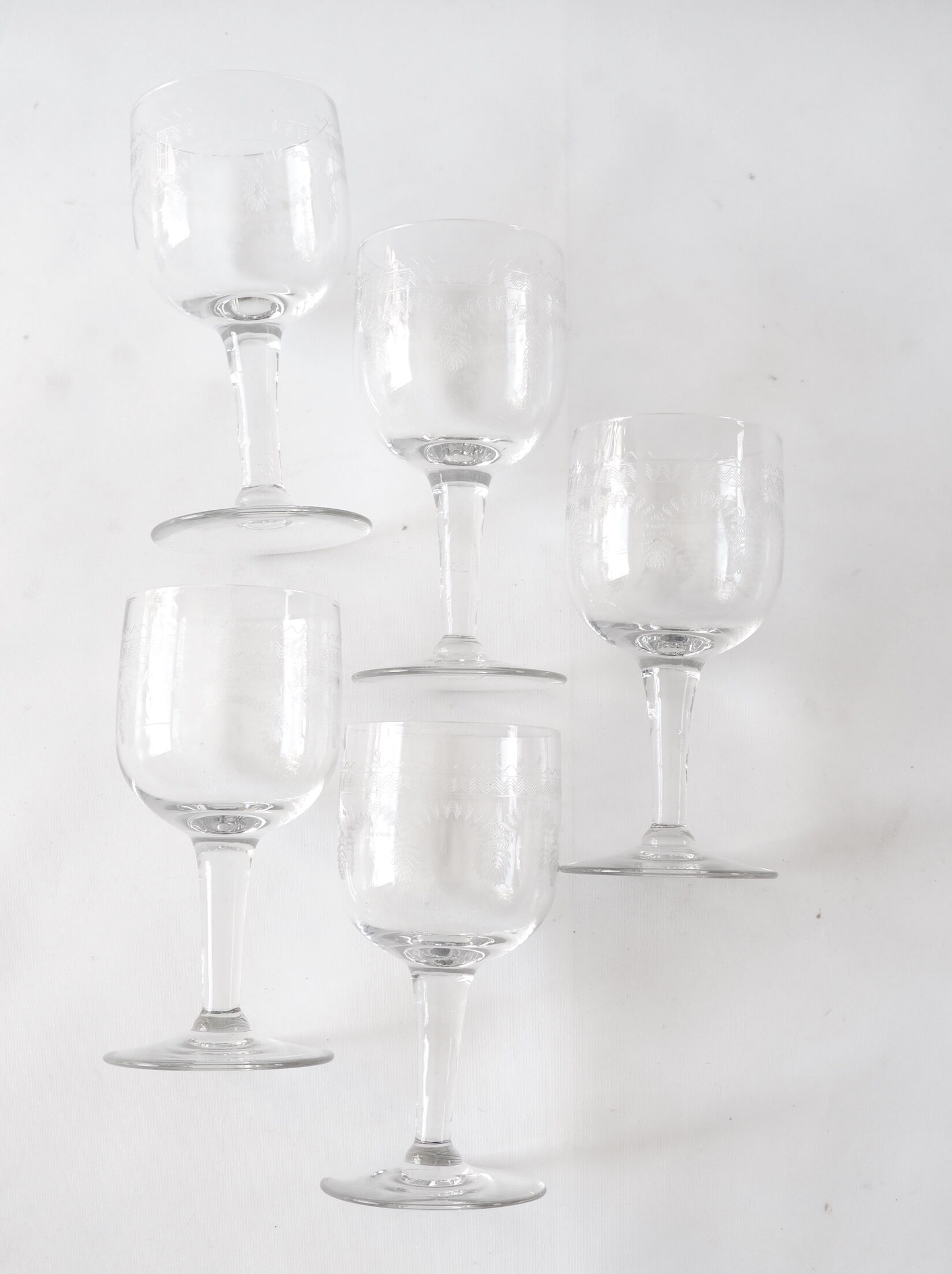 5 antique engraved wine glasses