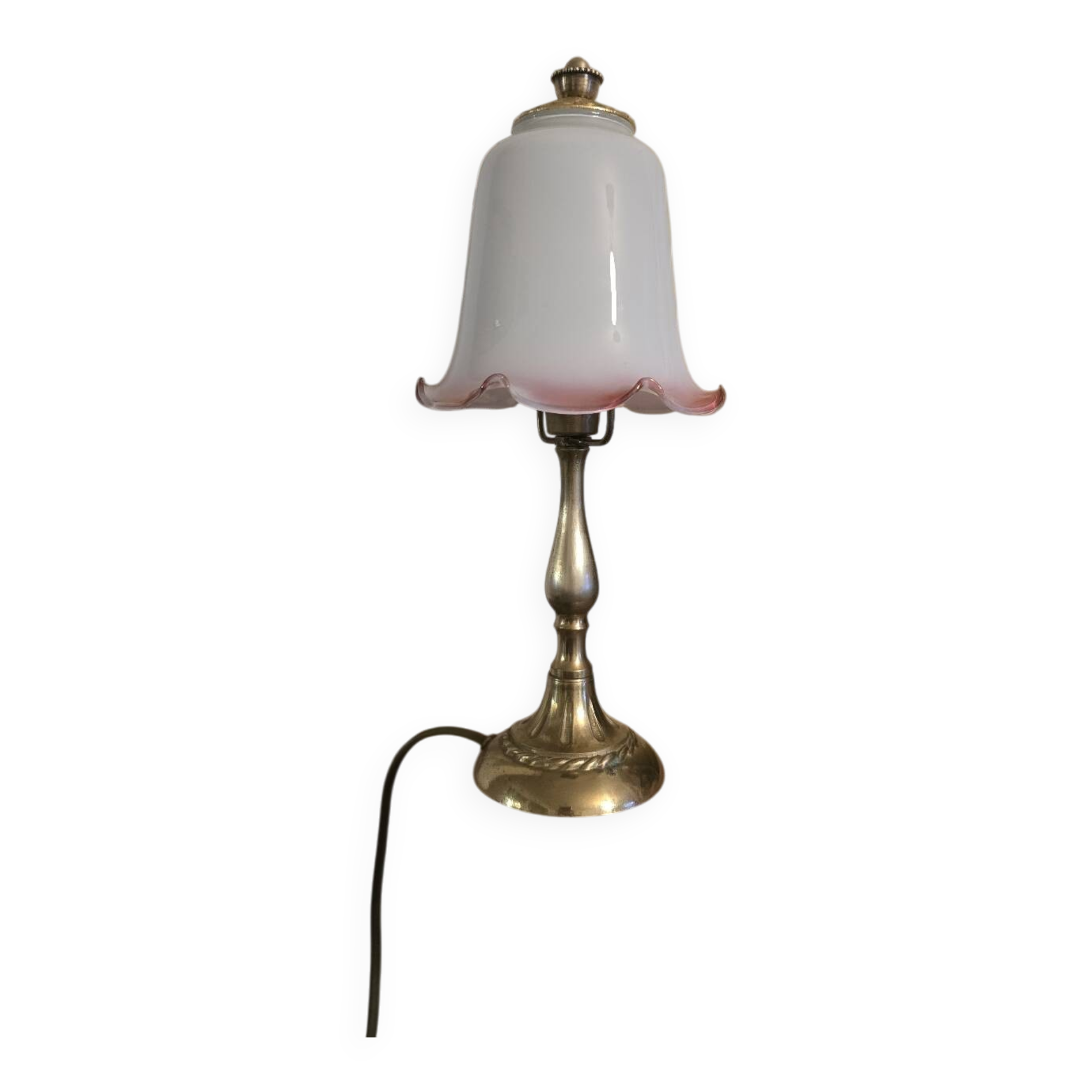 Small tulip-shaped table lamp in frosted glass, mushroom style.