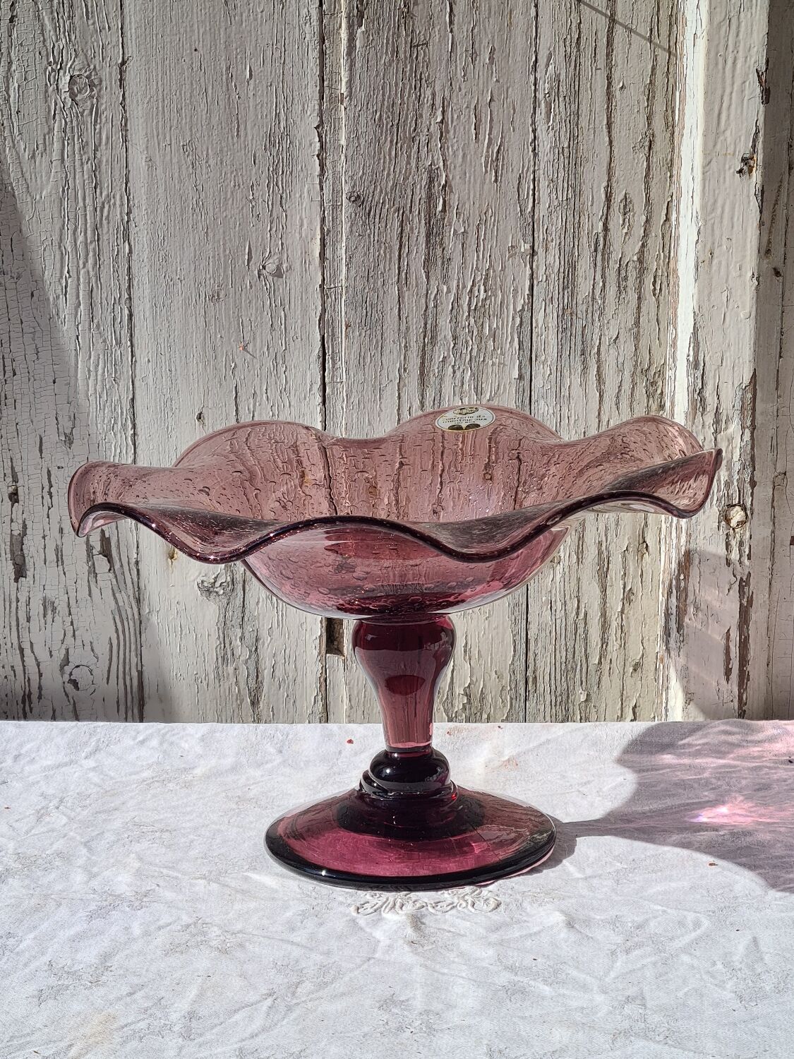 Fruit cup, amethyst bubbled glass compotier