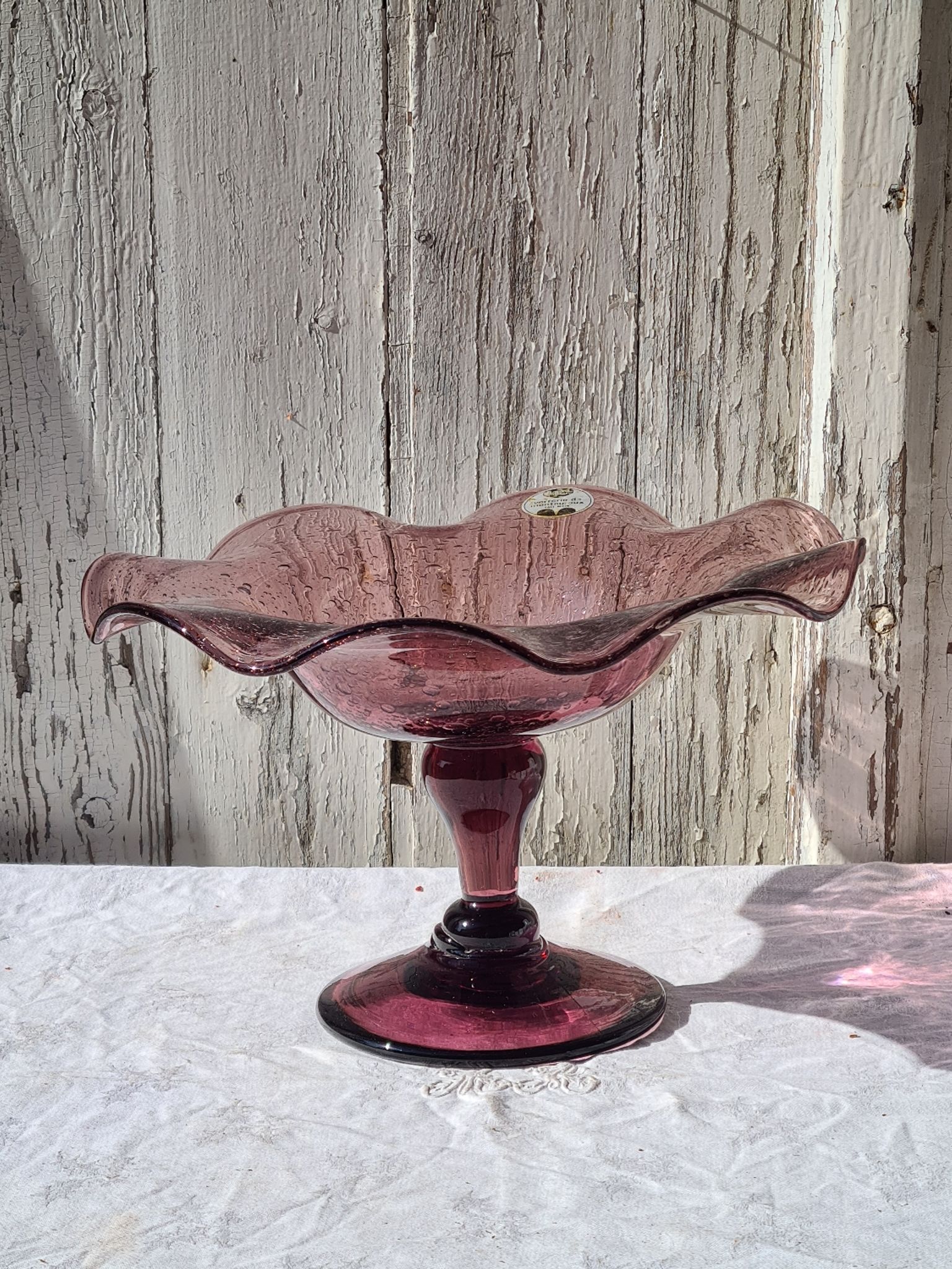Fruit cup, amethyst bubbled glass compotier