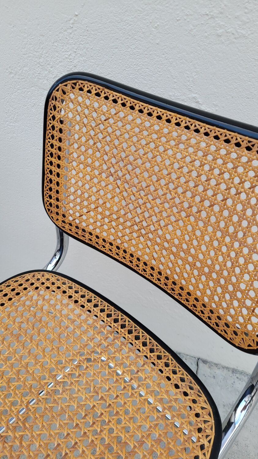 Pair of chairs by Marcel Breuer in black canework model B32 signed Italy