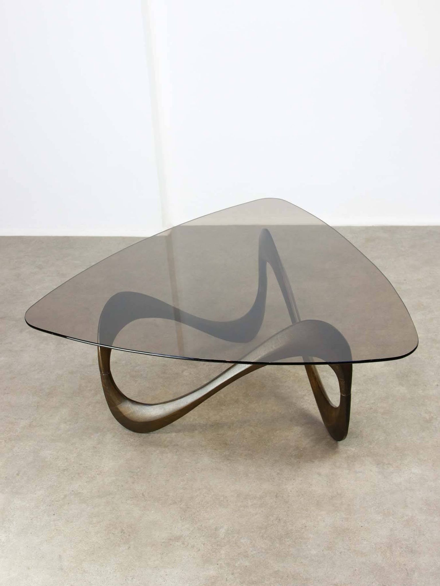Italian Organic "Snake" Wooden and Smoked Glass Coffee Table, 1960s