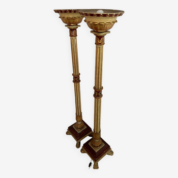 Ancien lampadaire C2 torchères vénitien en bois polychrome sculpté flambeaux