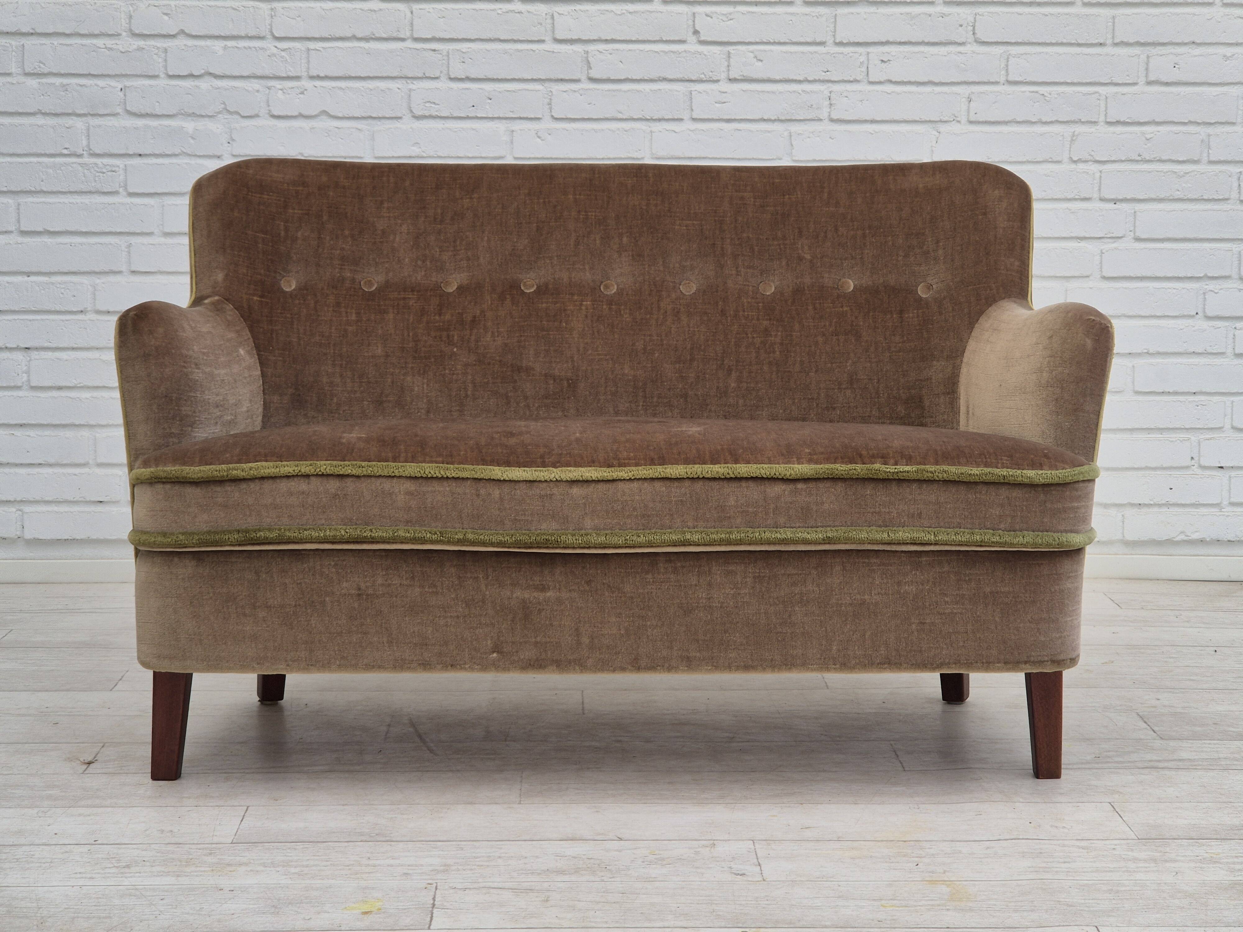 1960s, Danish 2 seater sofa, original condition, furniture velour, beech wood legs.