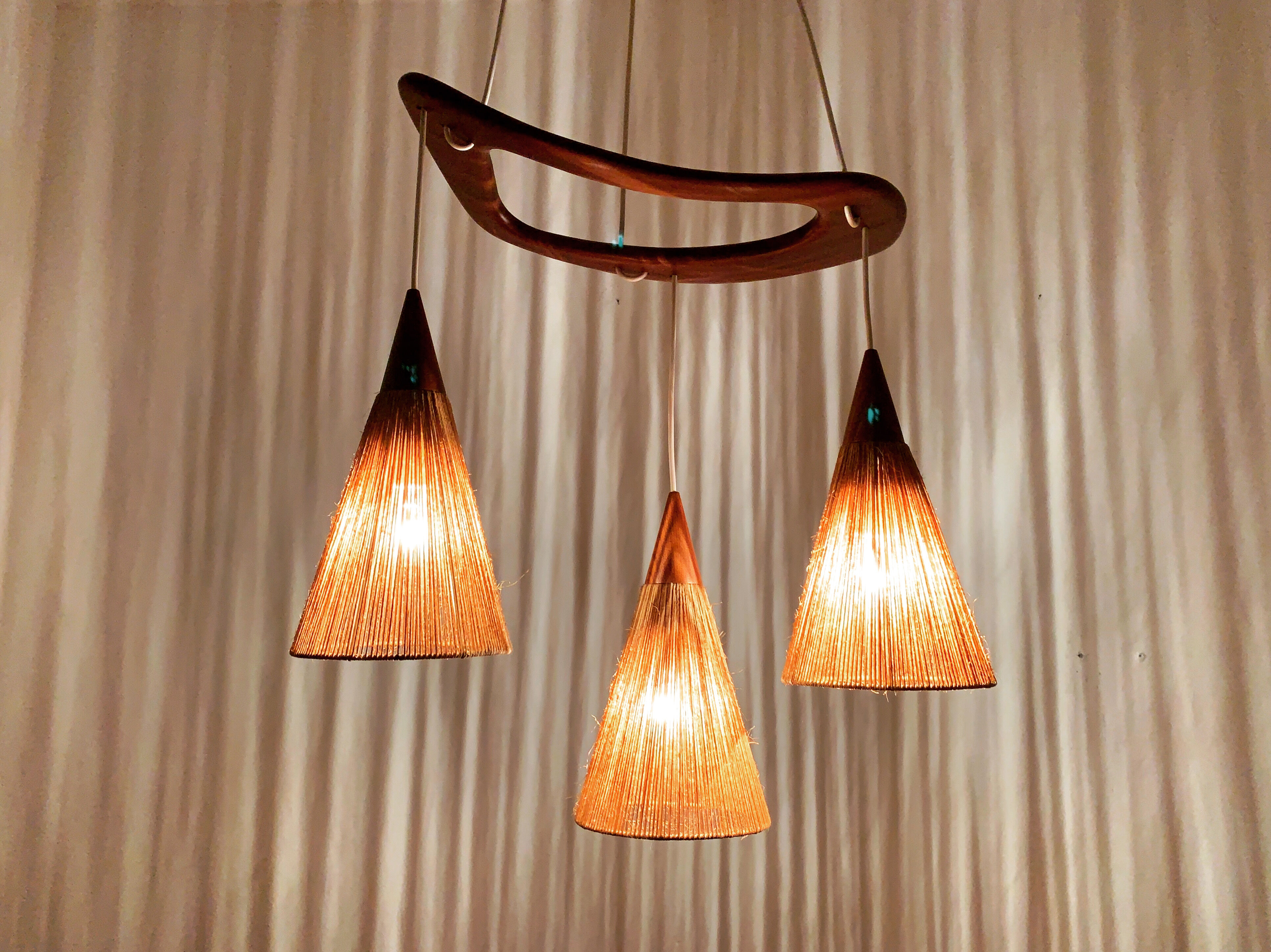 Teakwood and raffia bast cascading lamp by Rispal