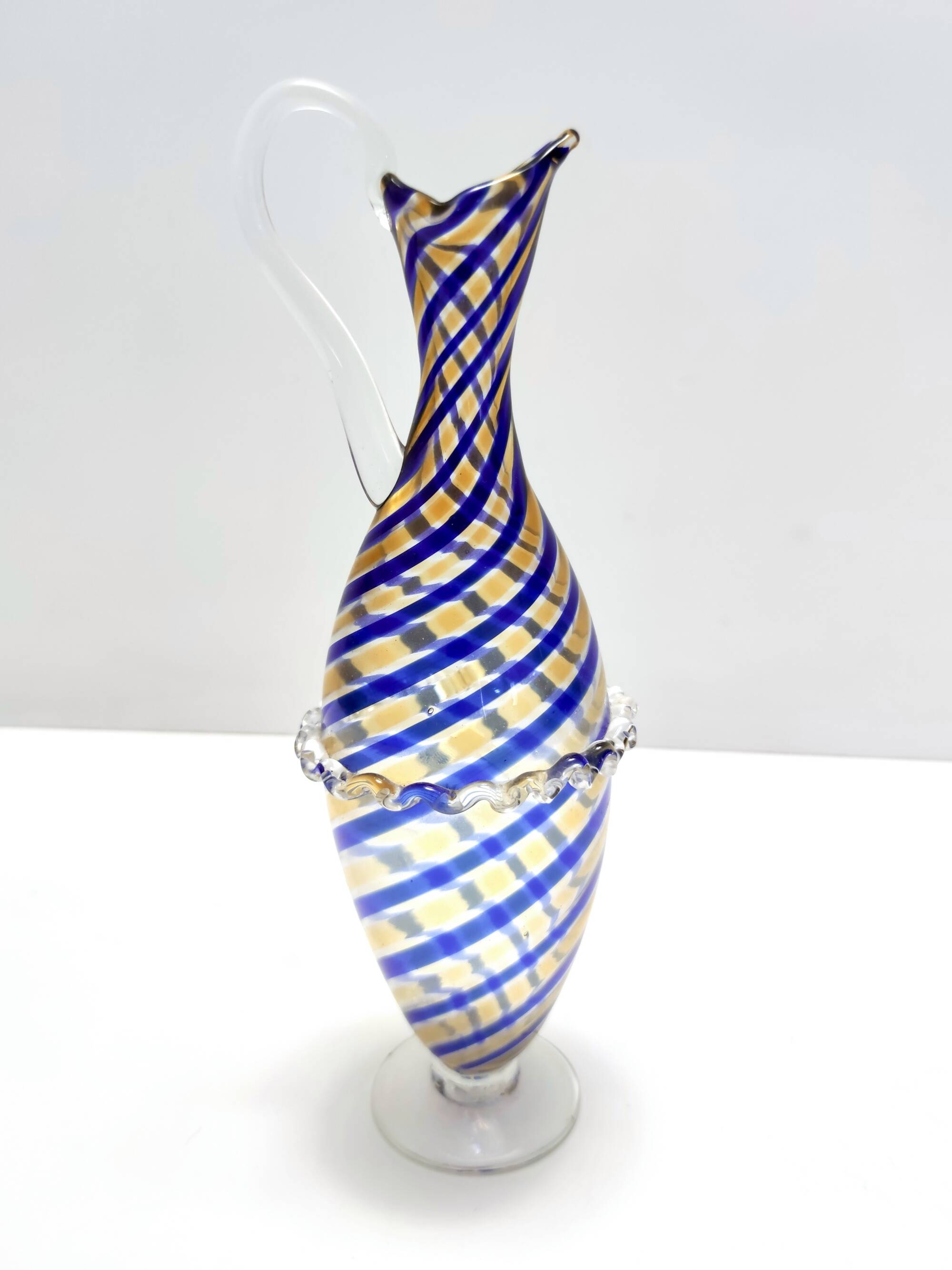 Murano Glass Pitcher Vase Ascribable to Toso with Blue and Yellow Canes
