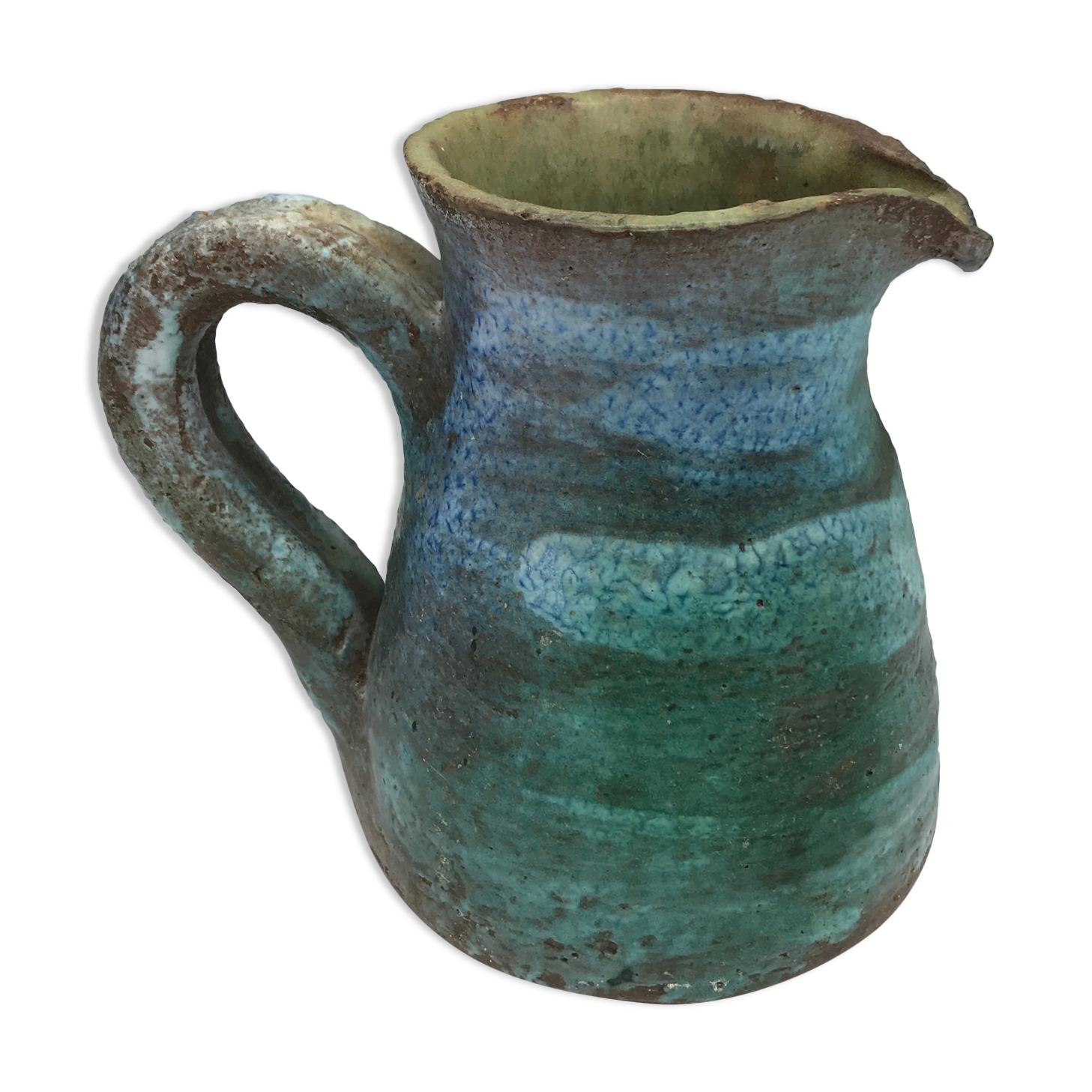Vintage broc pitcher in enamelled sandstone with effect of blue shades, turquoise green signed
