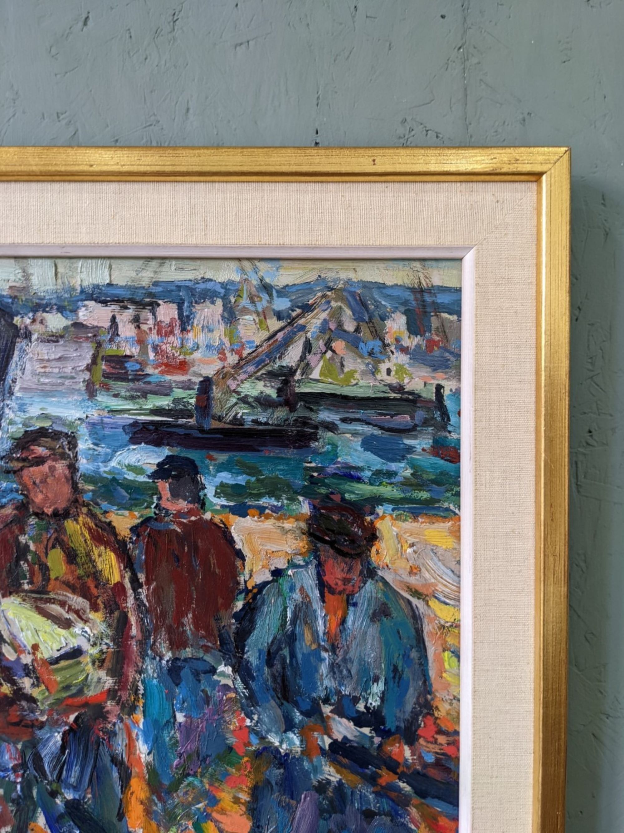 Mid-Century Modern Swedish "Coastal Dock" Vintage Figurative Oil Painting, Framed