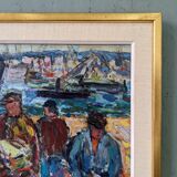 Peinture à l’huile figurative vintage suédoise « Coastal Dock » du milieu du siècle, encadrée