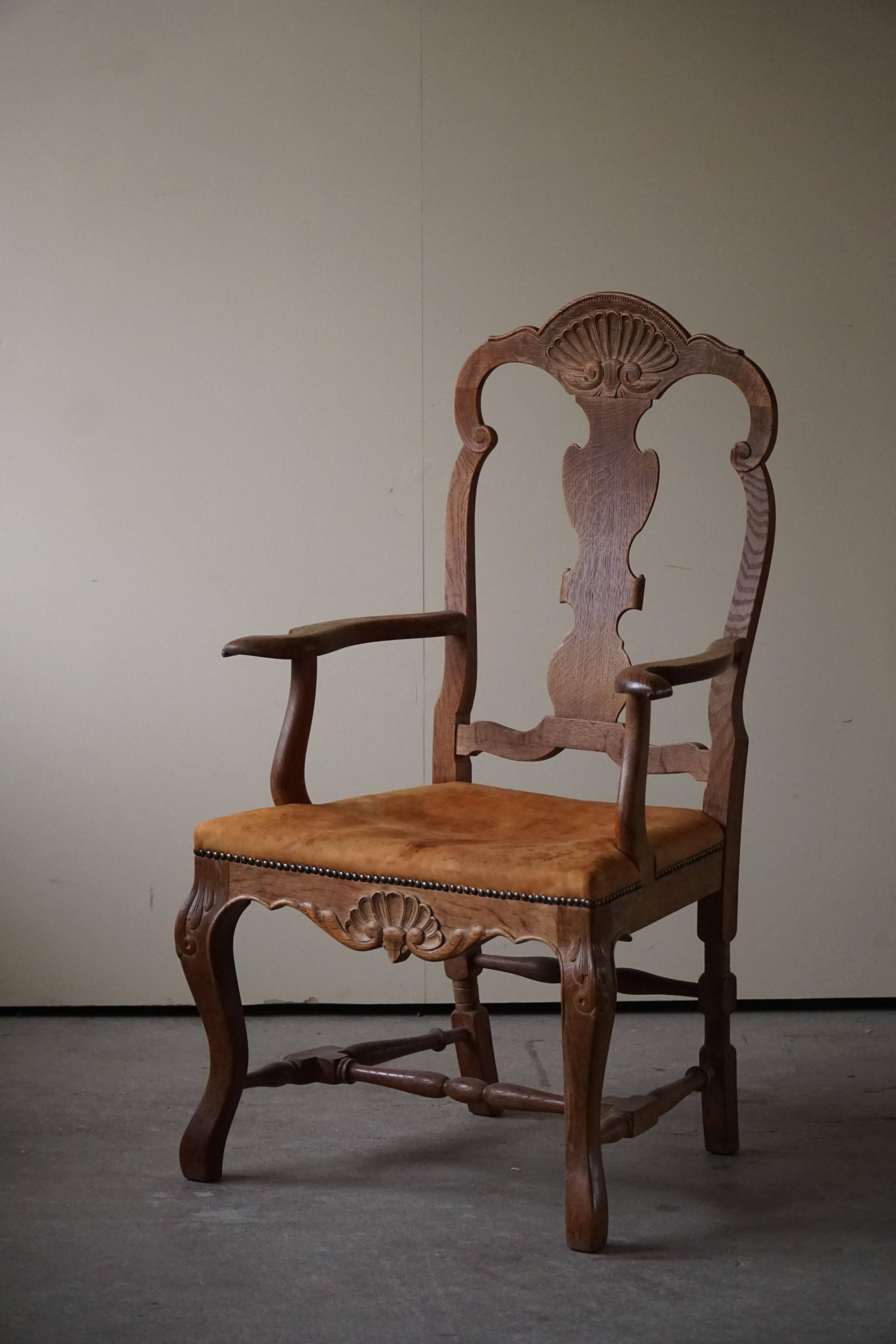 Vintage Sculptural Armchair in Oak and Leather, Danish Modern, 1940s