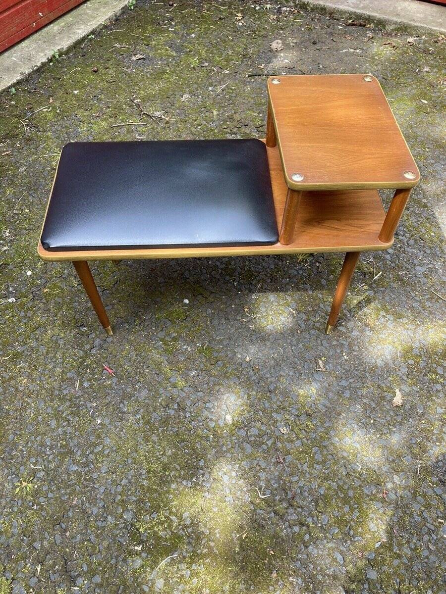 Vintage teak bench with black vinyl seat, 1960s, Czech Republic.