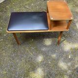 Vintage teak bench with black vinyl seat, 1960s, Czech Republic.