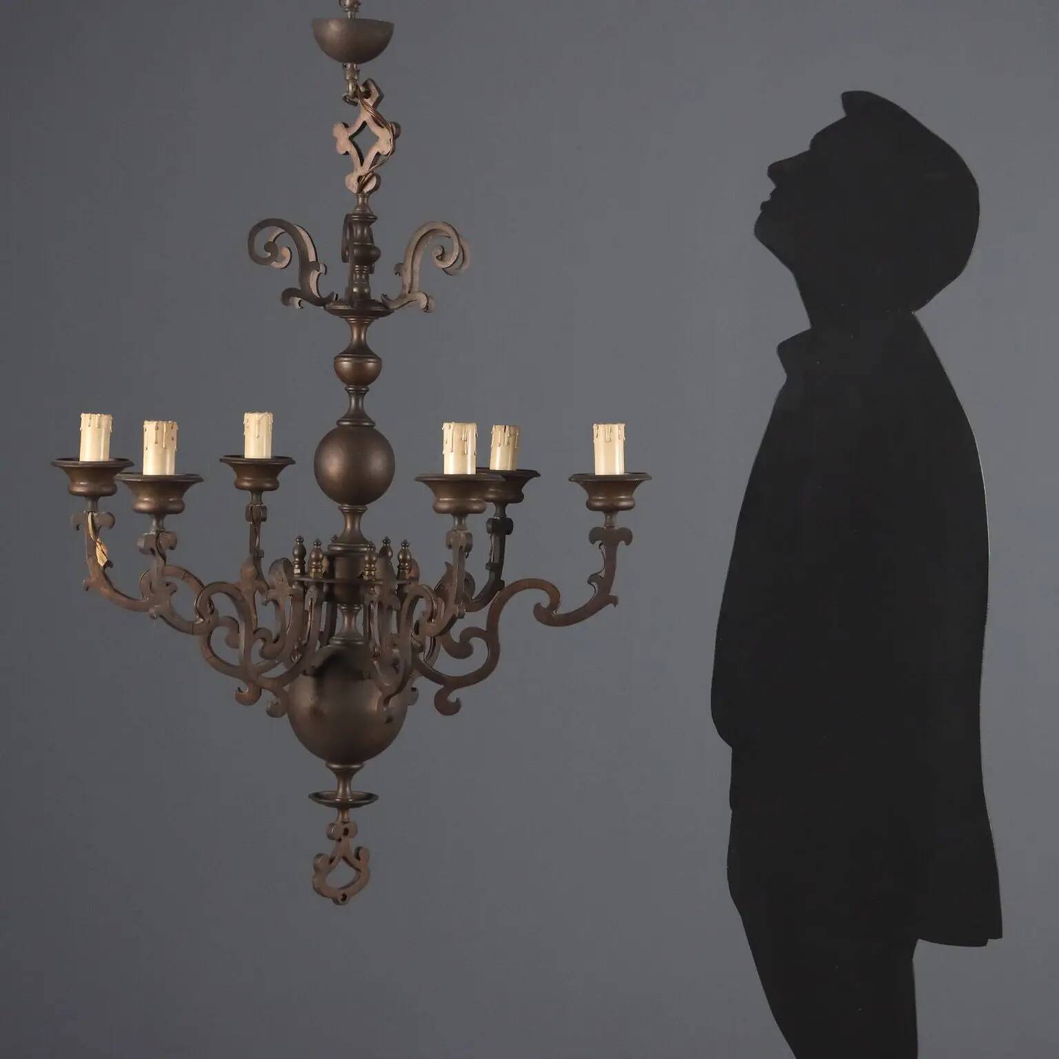 Antique bronze metal chandelier with 6 lights, Netherlands, 20th century.