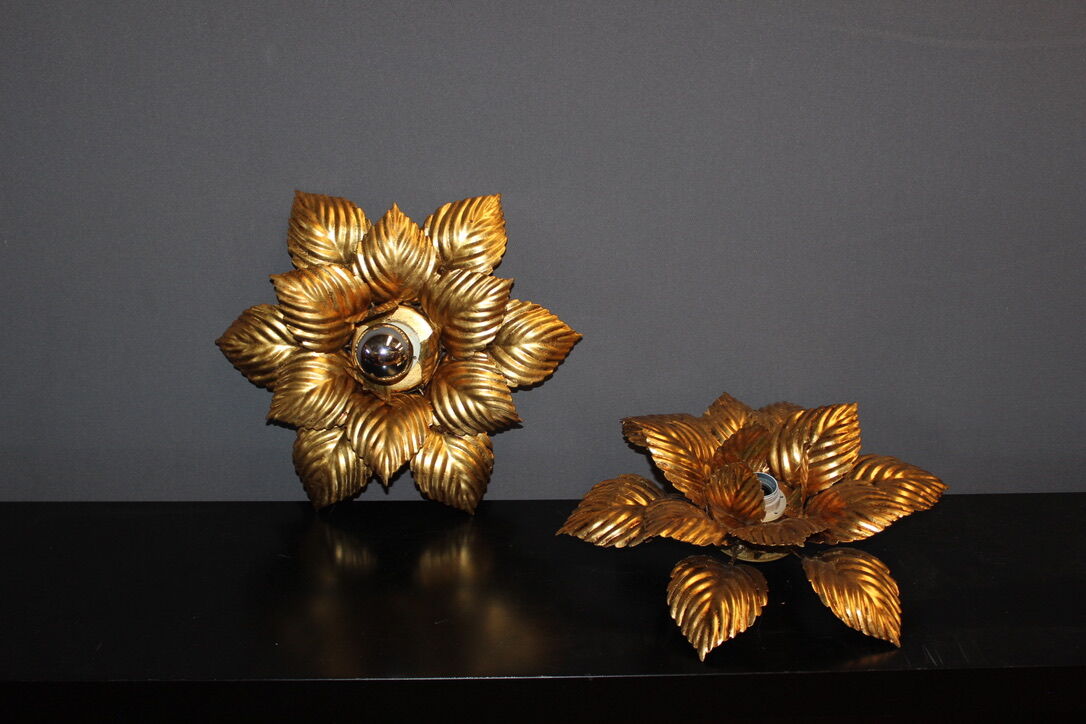 Pair of wall lamps or ceiling lamps in gold metal around 1980