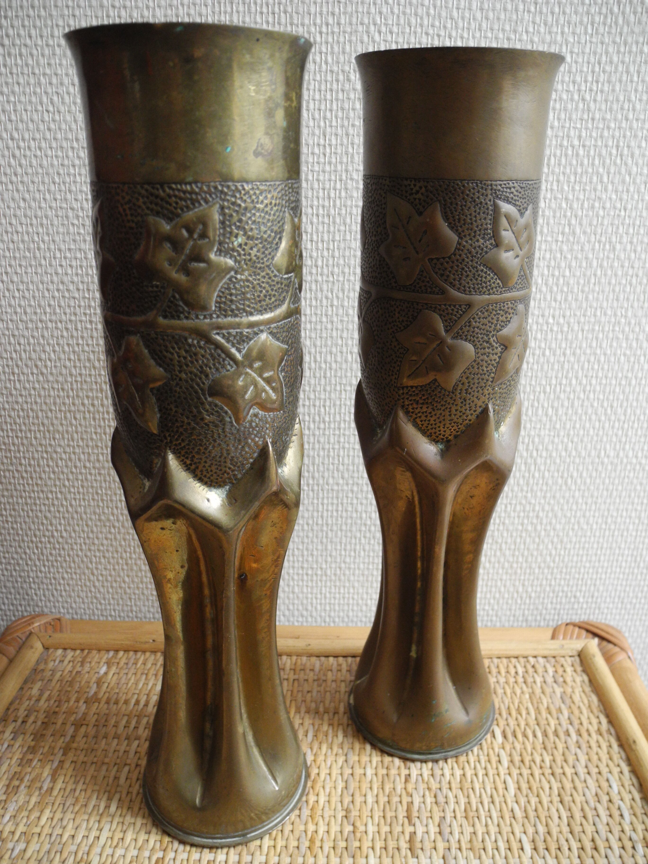 Pair of vases with engraved shell casings, WW1 trench art