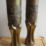 Pair of vases with engraved shell casings, WW1 trench art