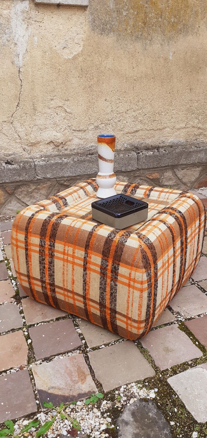 Pair of vintage 70s fabric coffee tables with glass tops