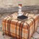 Pair of vintage 70s fabric coffee tables with glass tops