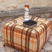Pair of vintage 70s fabric coffee tables with glass tops