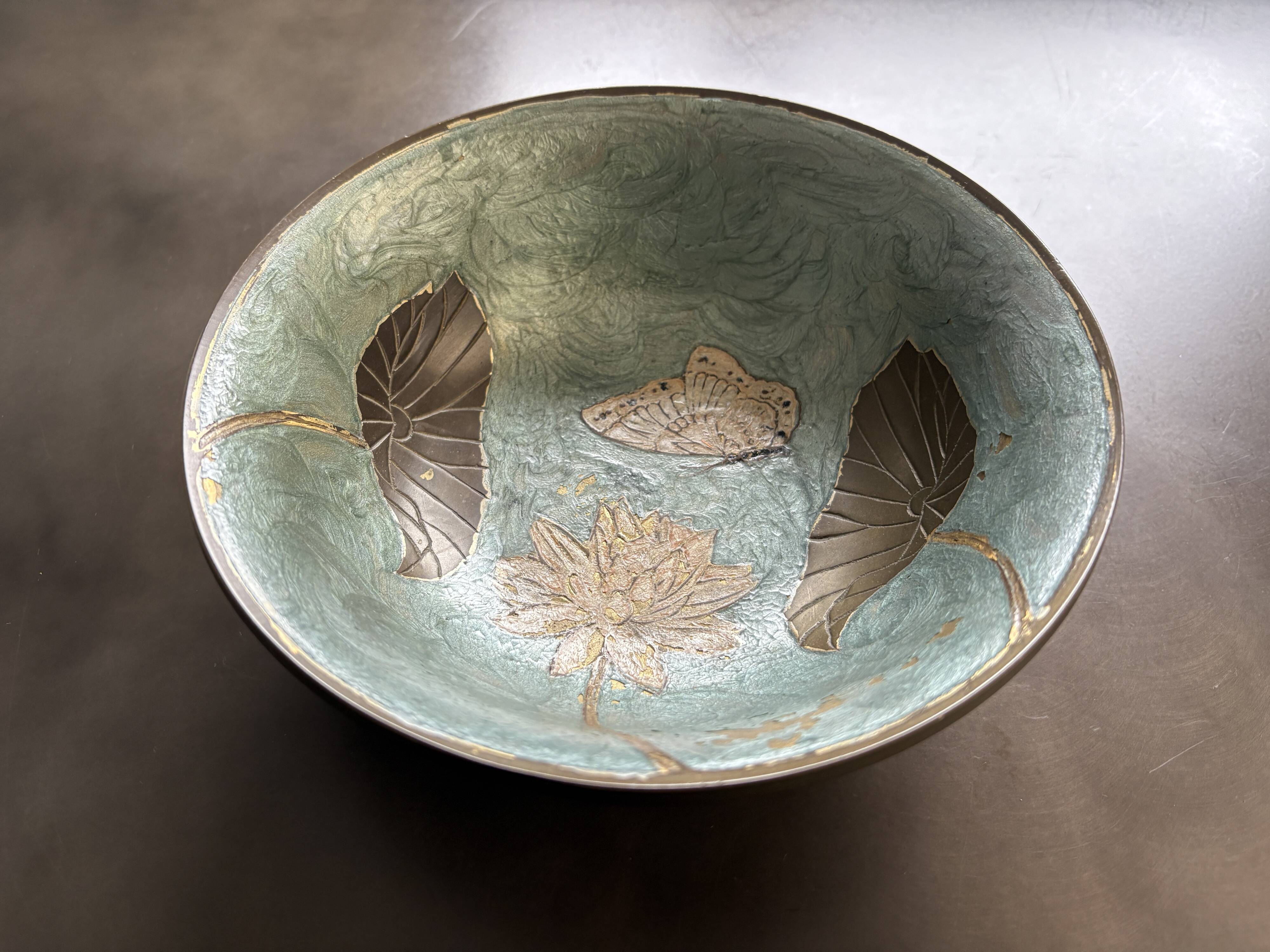 Large enamelled brass bowl
