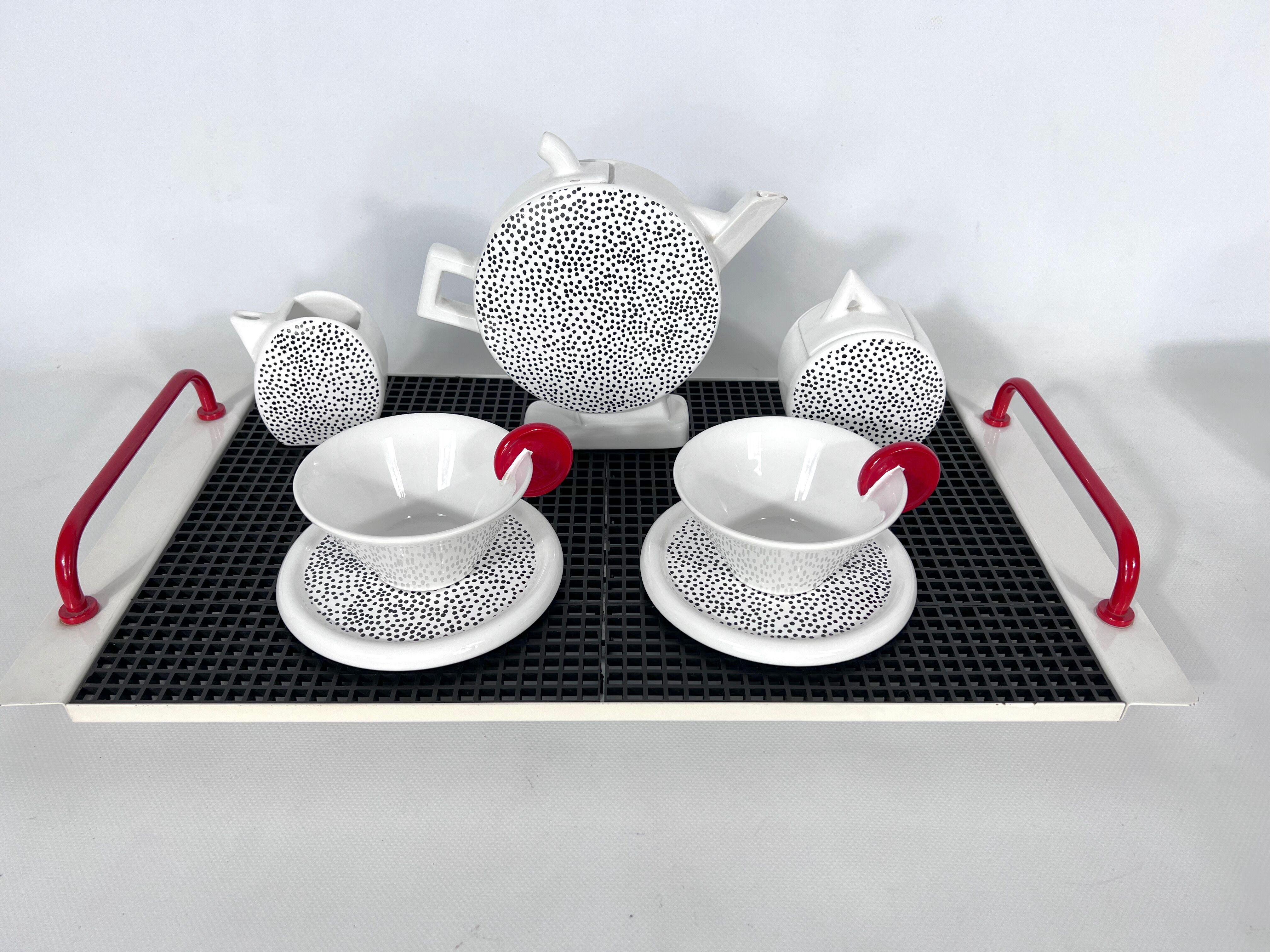 Ceramic tea set by Mas in the Memphis Milano style, 1980s, Set of 7