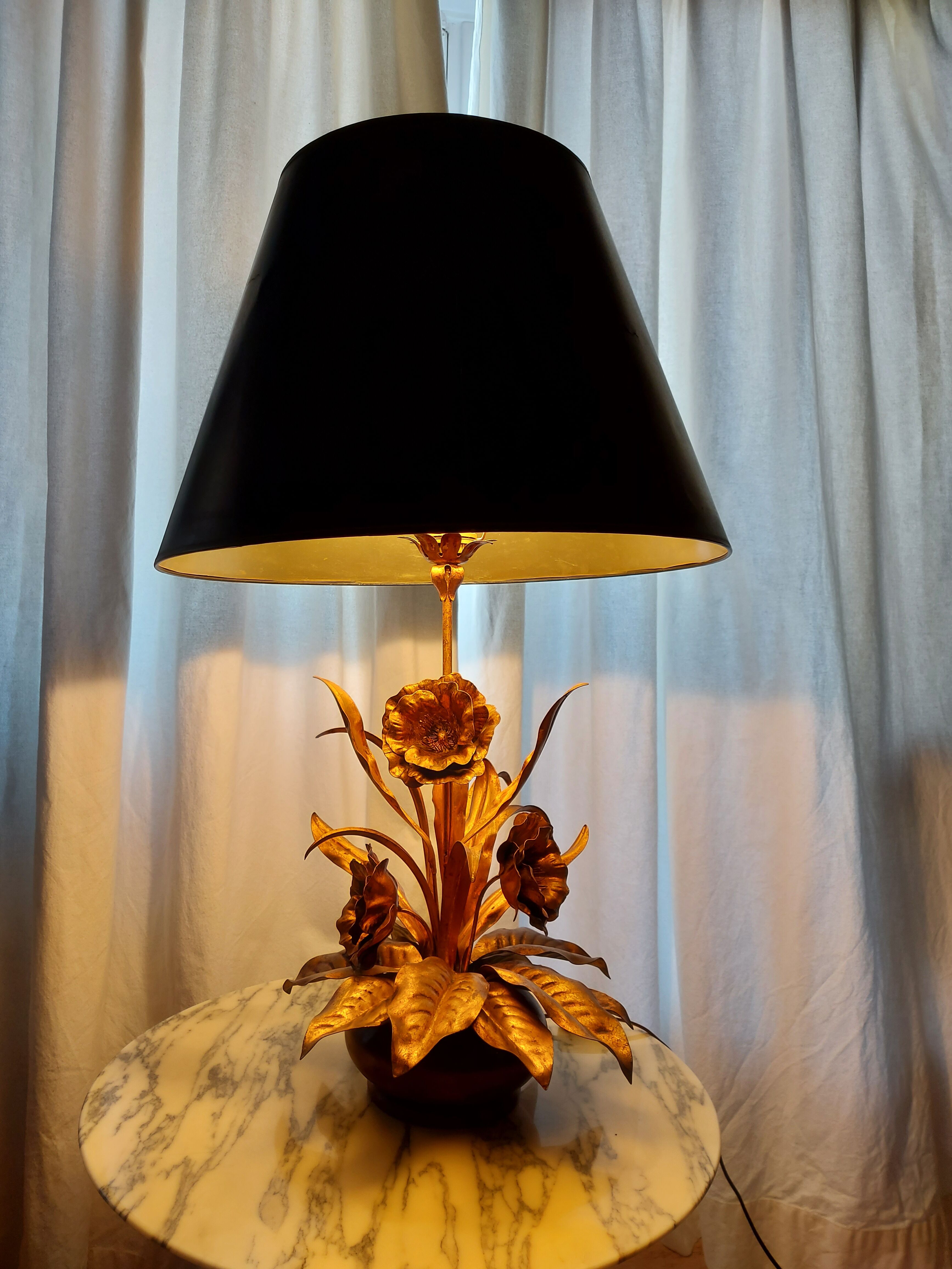 Large lamp, bouquet of vintage anemone flowers, gold metal, Hans Kogl