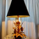 Large lamp, bouquet of vintage anemone flowers, gold metal, Hans Kogl