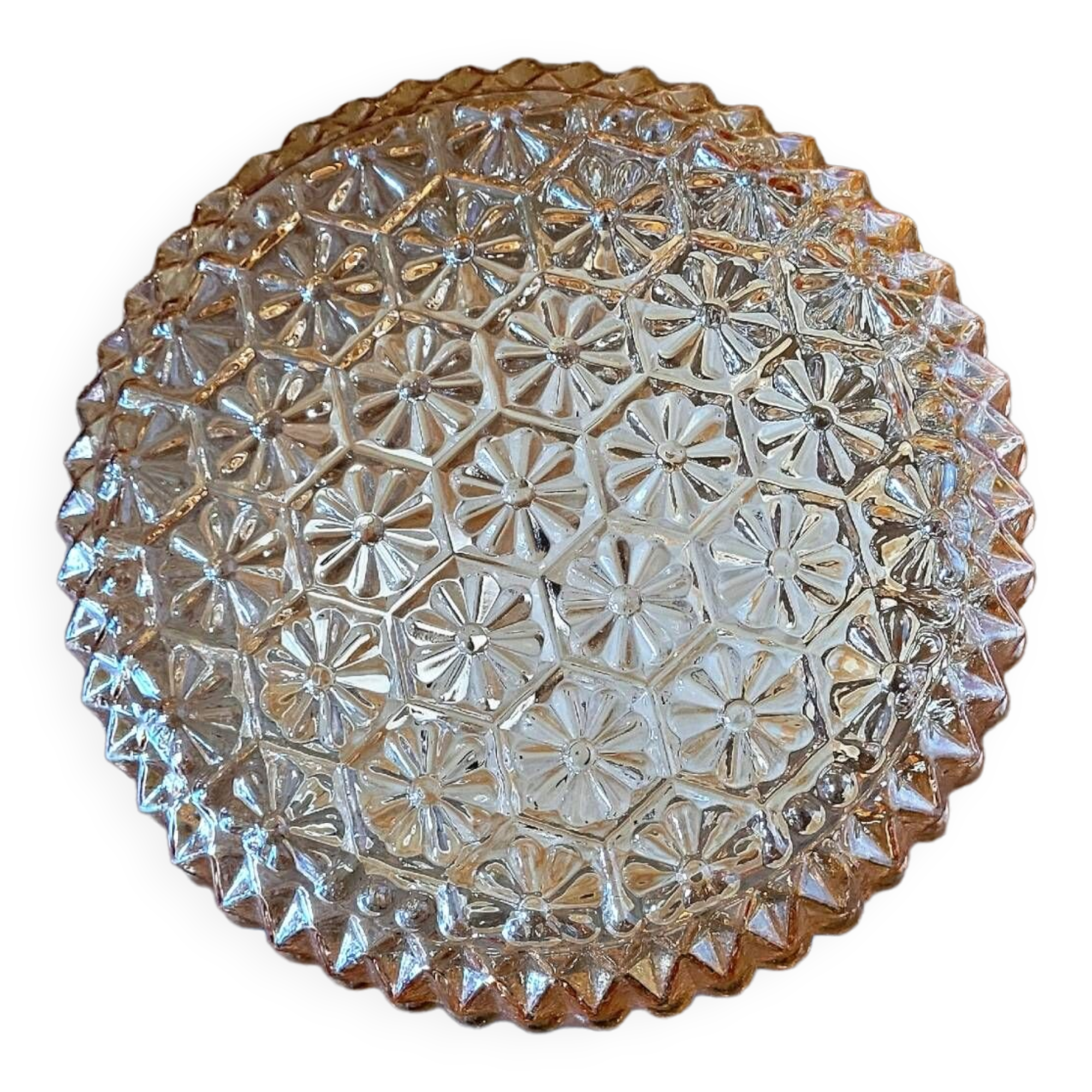 Large vintage ceiling or wall lamp in tinted molded glass with flower decoration