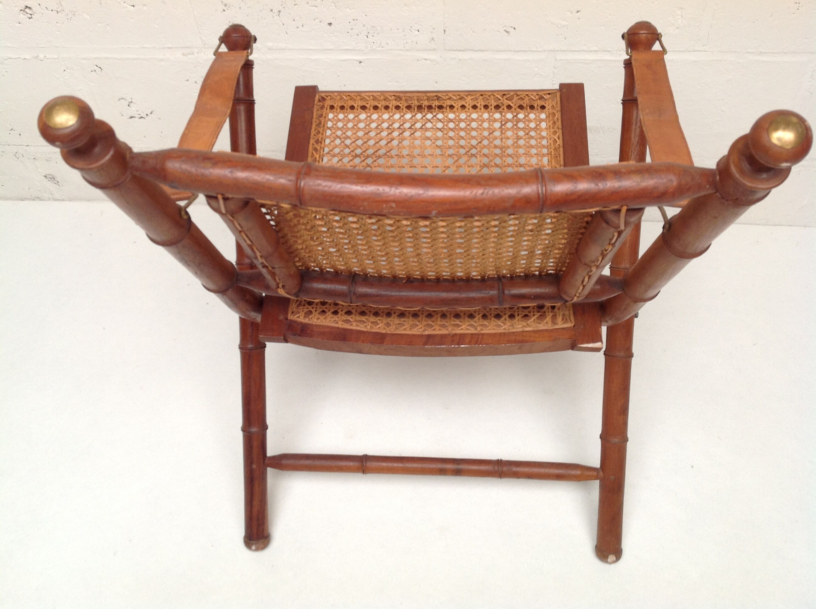 Bamboo folding chair and canning, leather and brass