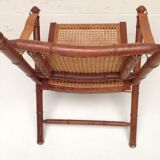 Bamboo folding chair and canning, leather and brass
