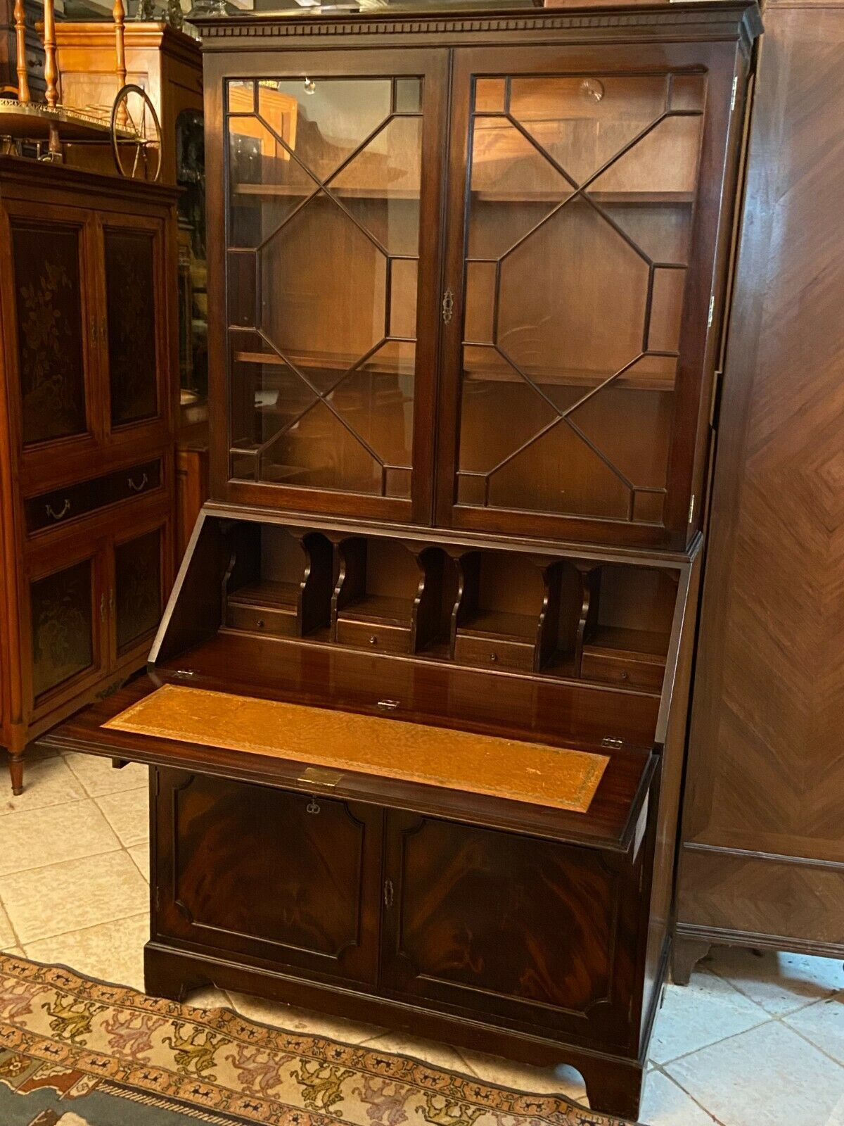 English Scriban two body secretary office showcase library in mahogany