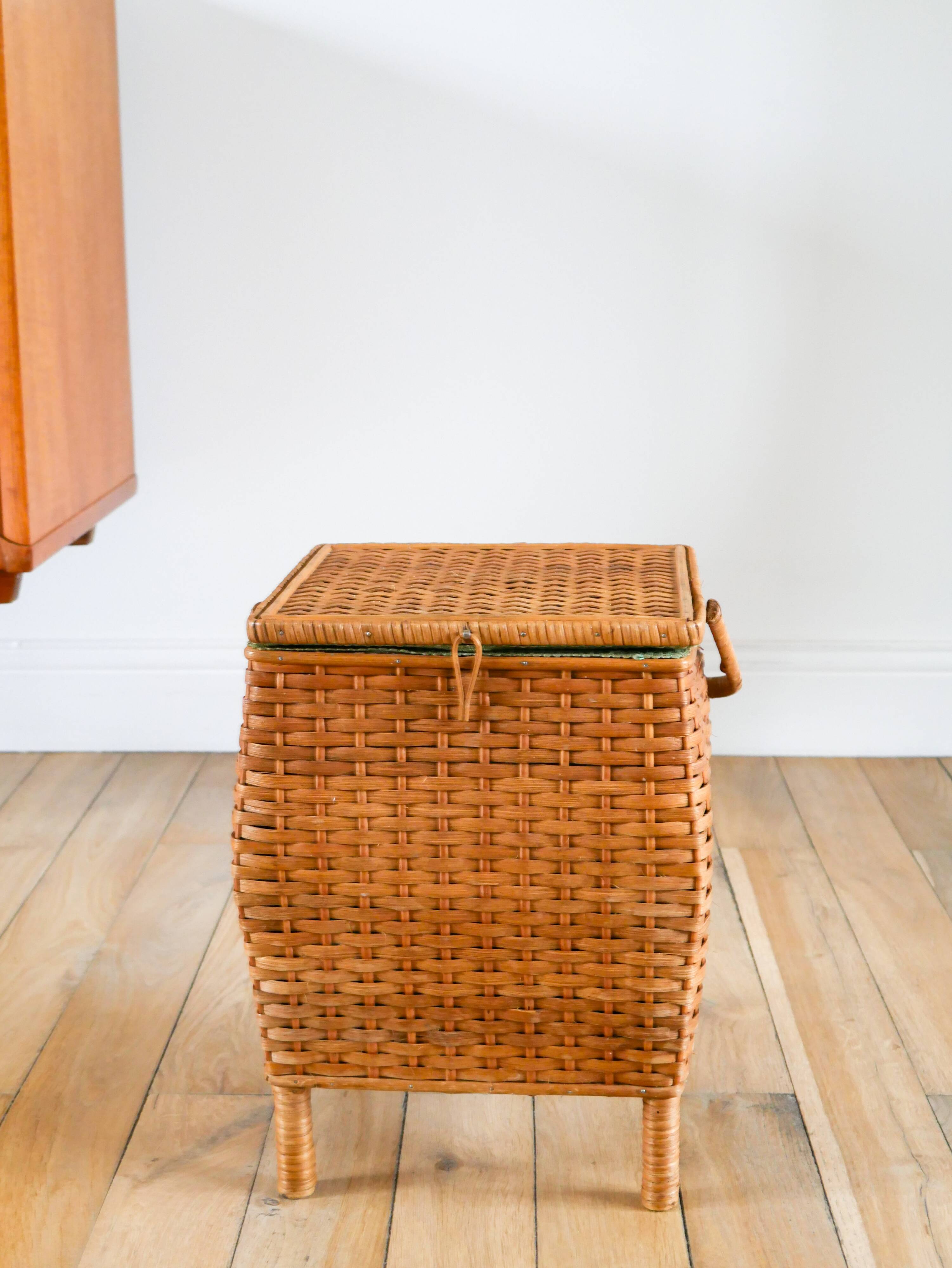 Little rattan worker, vintage green fabric interior, 1960