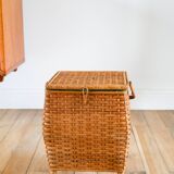 Little rattan worker, vintage green fabric interior, 1960