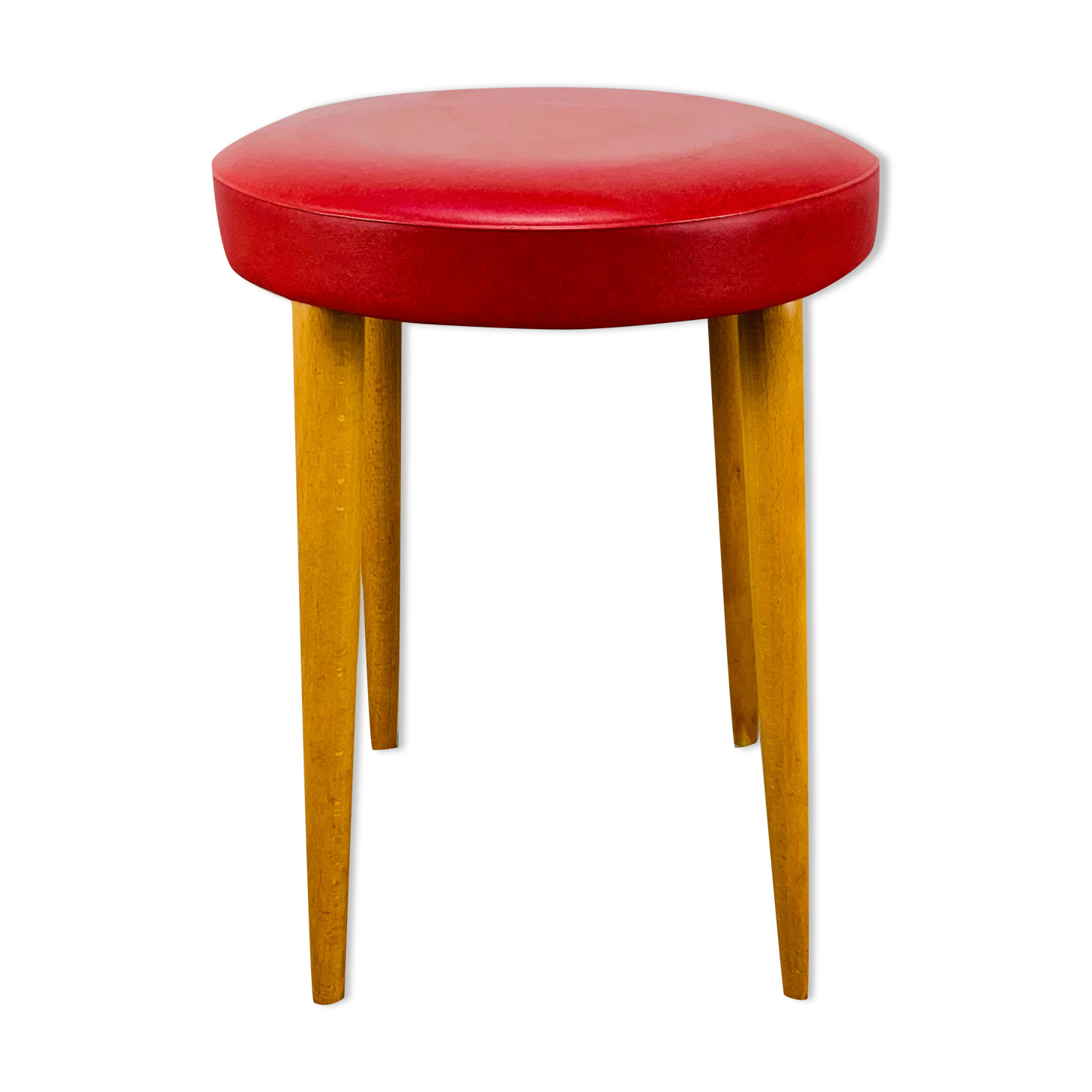 Baumann bistro stool wood and imitation red leather 60s