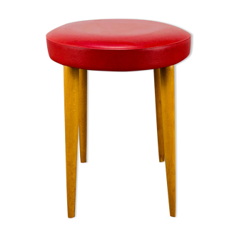 Tabouret bistrot Baumann bois et simili cuir rouge années 60