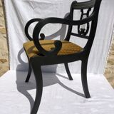 Fauteuil de bureau ancien noir accoudoirs crosse et dossier lyre