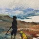 Tableau peinture paysage animé d'un homme et son chien Romualdo de Mitri XXe
