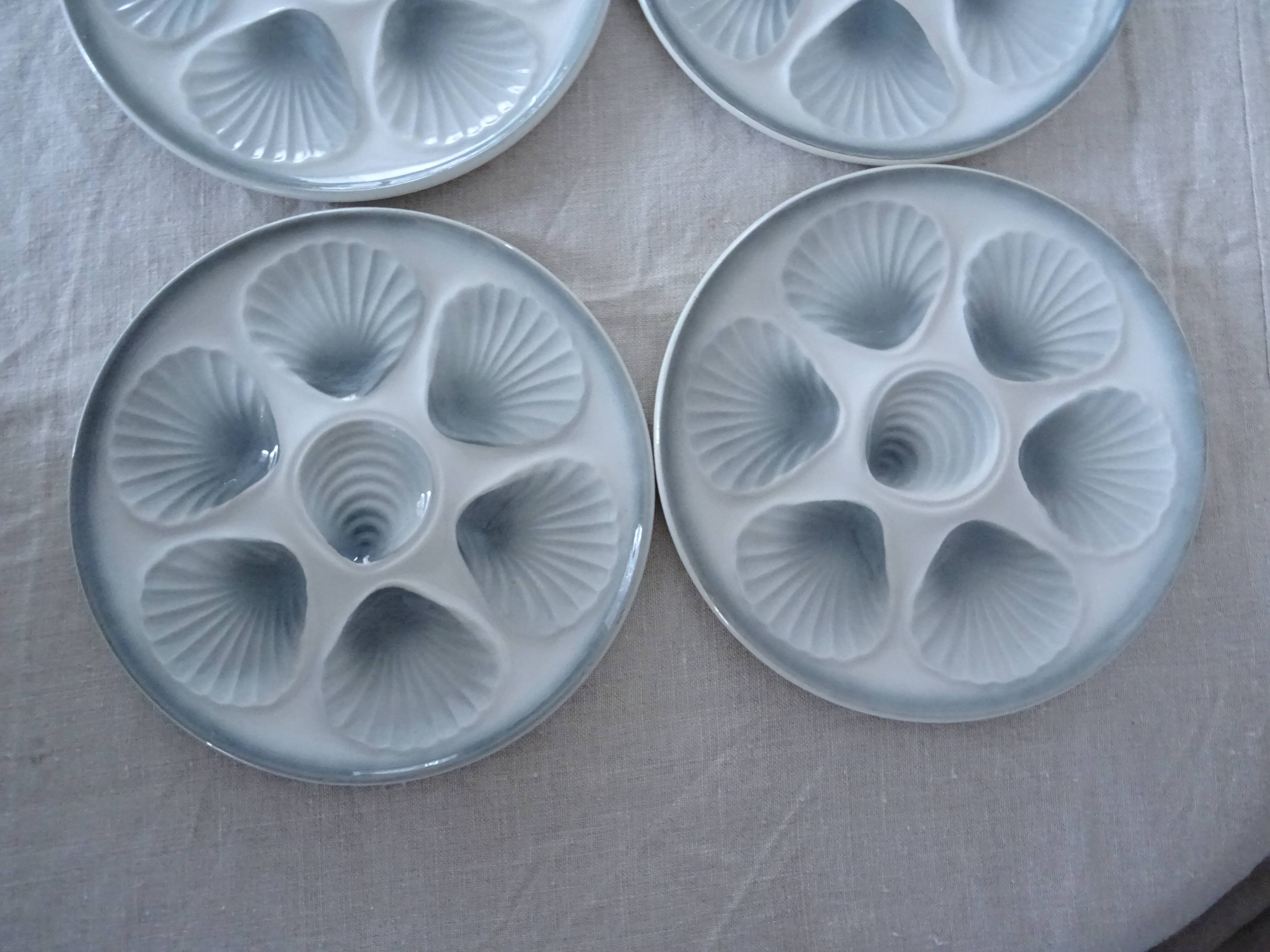 6 oyster plates slip mill wolves blue gray 1492 old faience