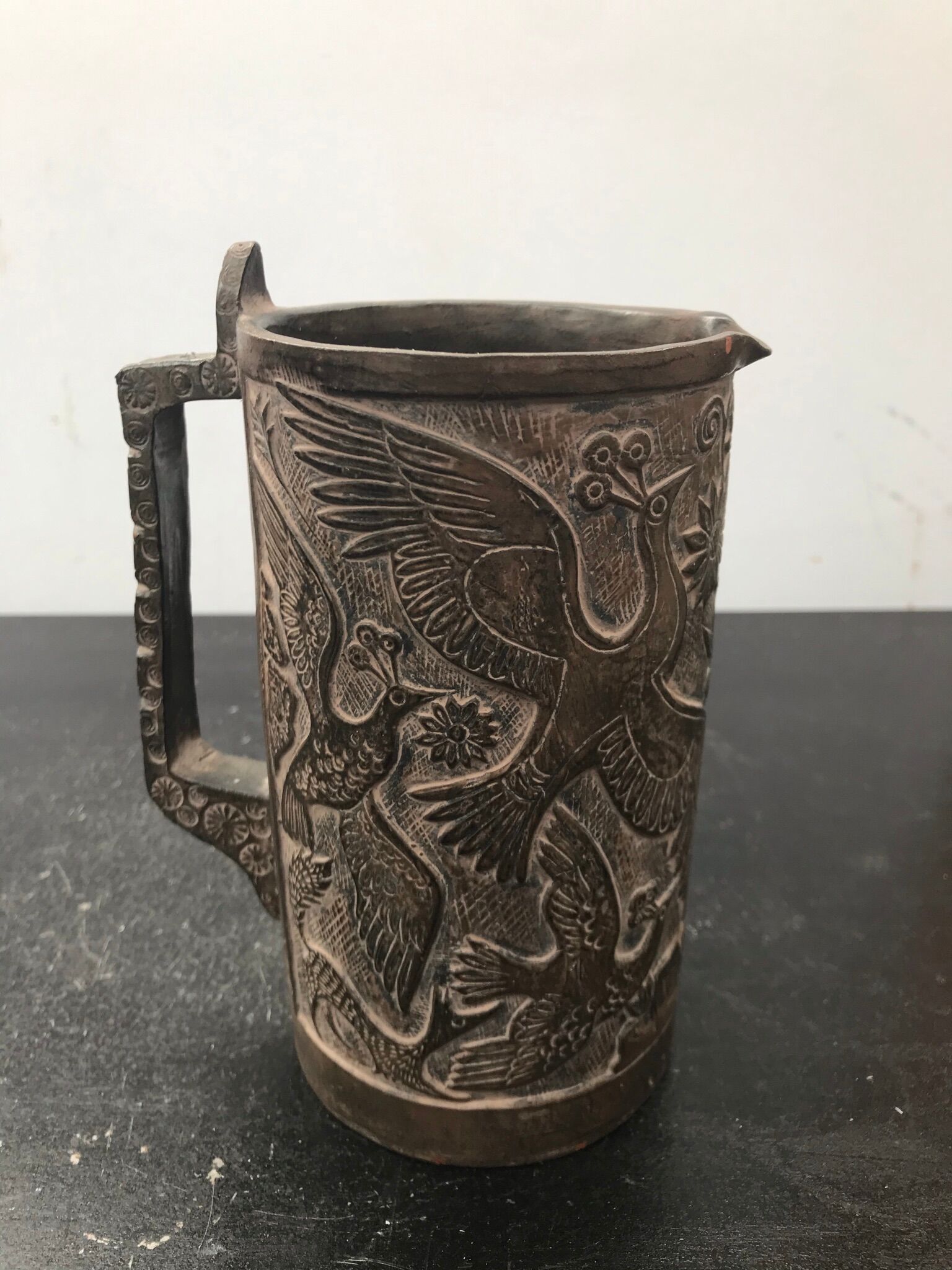 Former ceramic pitcher brown decor birds 70s vintage