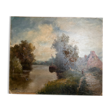 Painting by LINSYER Th (19th-20th century) Landscape of the Marne near Lagny