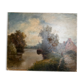 Painting by LINSYER Th (19th-20th century) Landscape of the Marne near Lagny