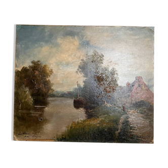 Painting by LINSYER Th (19th-20th century) Landscape of the Marne near Lagny