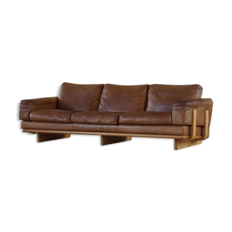 Mid century danish three seater sofa in leather and beech frame, 1960s