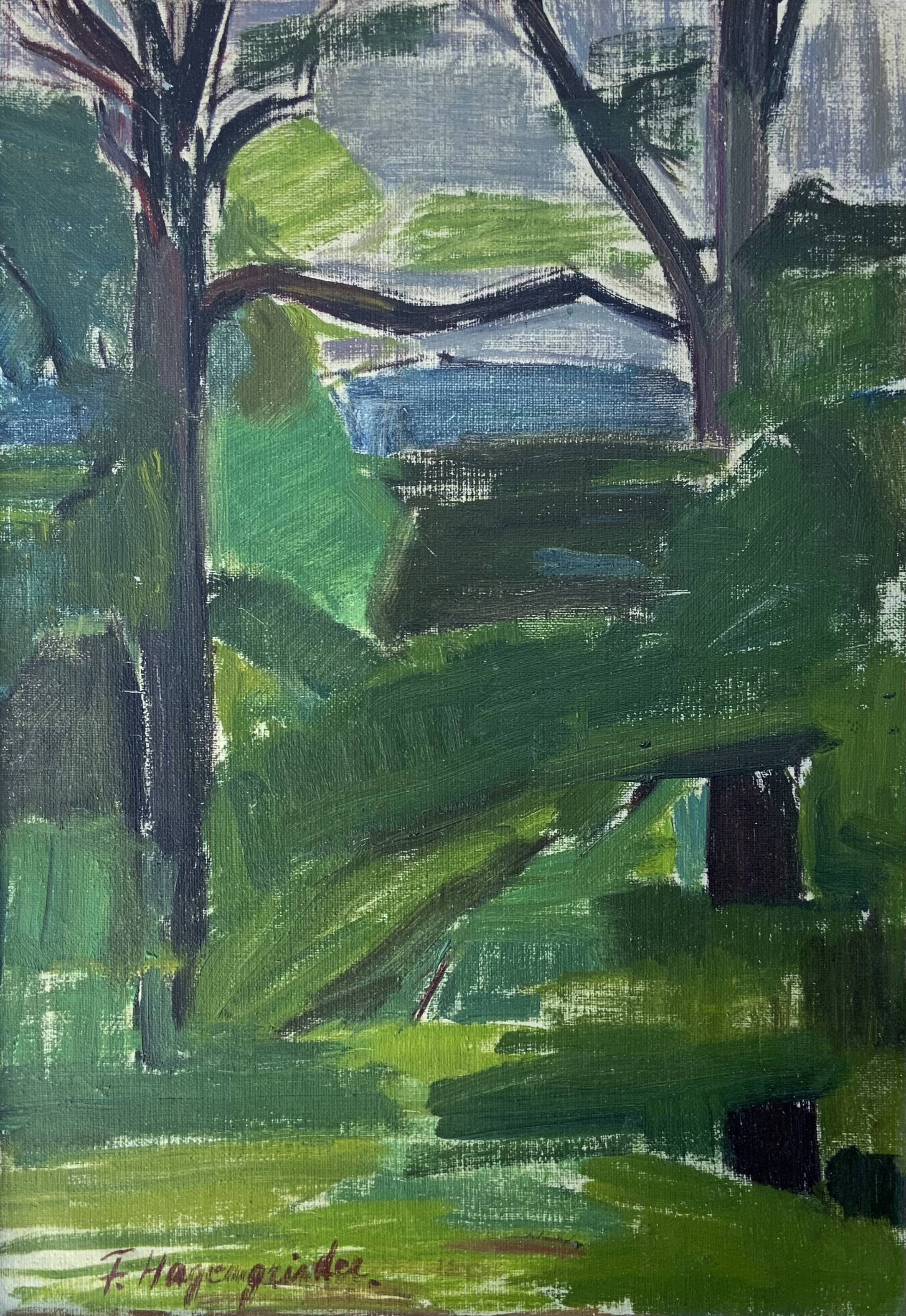 Vintage Modernists Landscape Oil on Canvas signed by F.H. 1950s