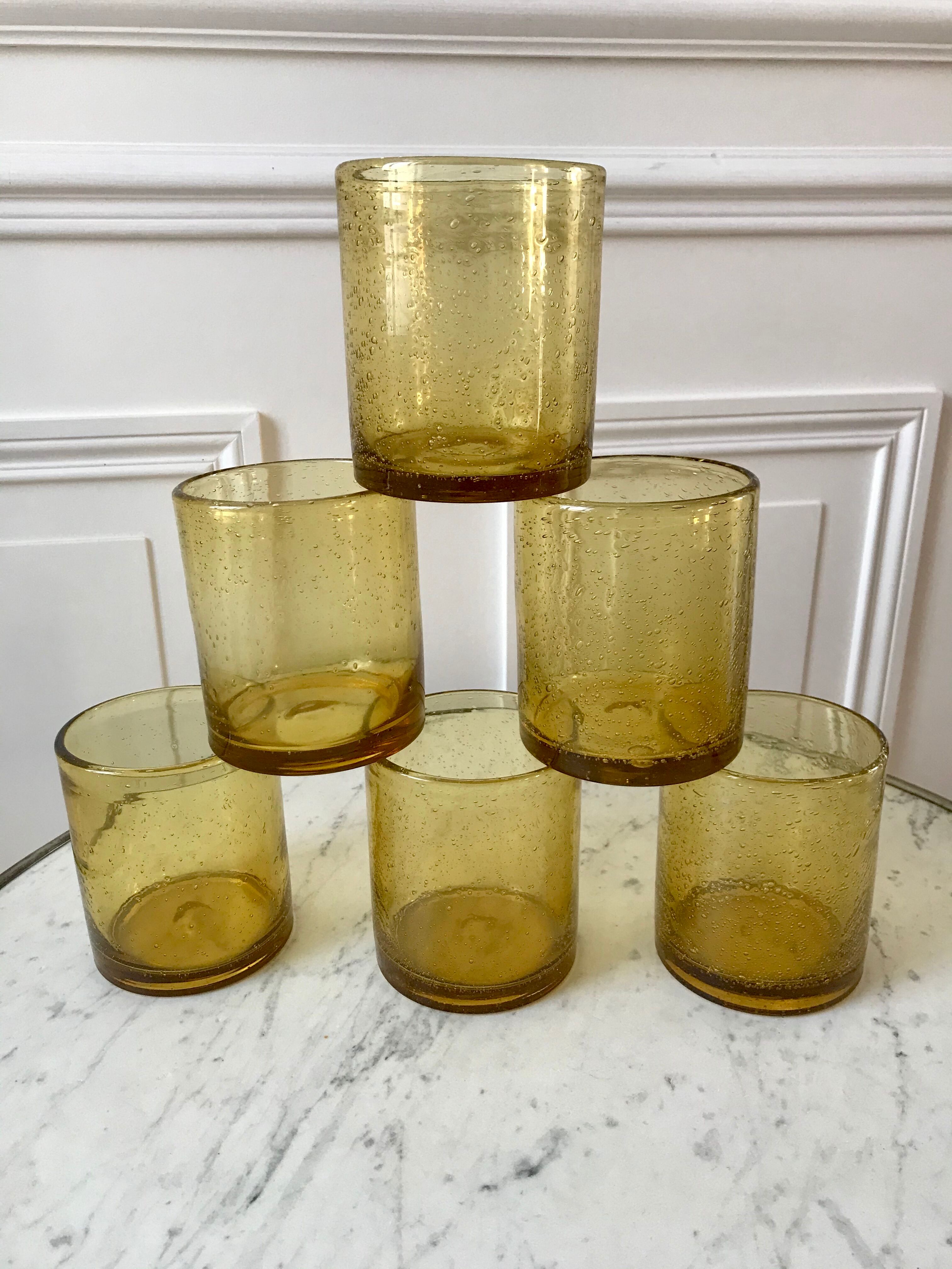 Set of 6 yellow bubble glass water glasses 70s