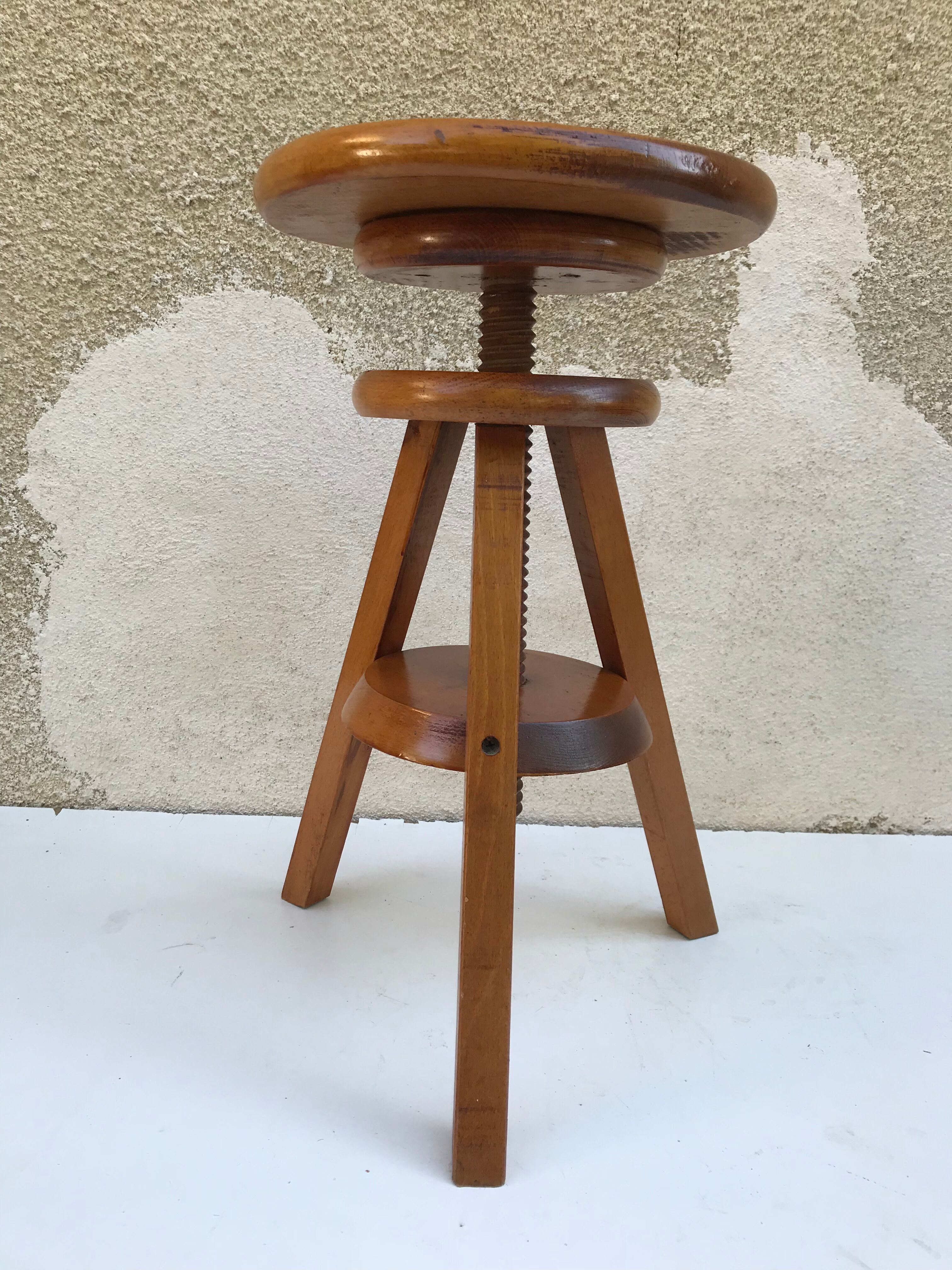 Stool former painter tripod adjustable screw 70s vintage wooden